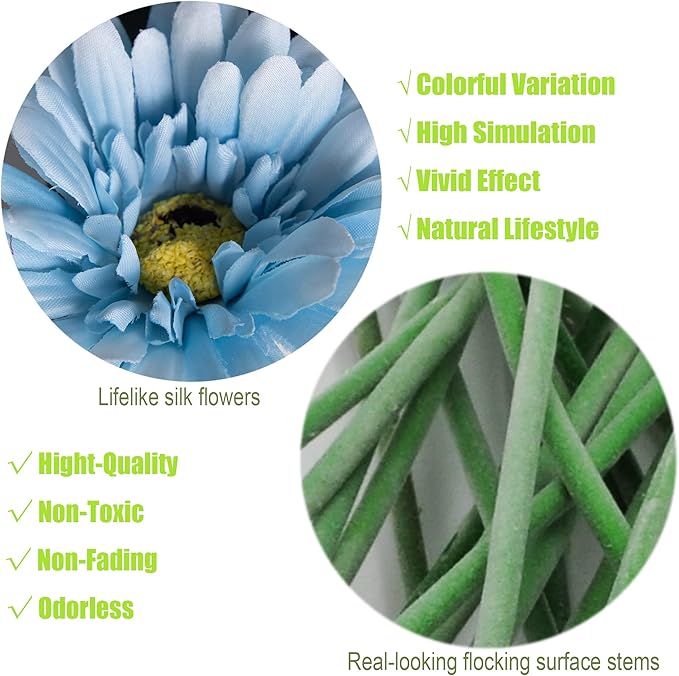 12pcs Artificial Gerbera Daisies,22 Inch Long Stem Silk Daisy Flowers,Realistic Artificial Flower Mums for Home Décor Centerpiece Wreath Supplies Wedding Bouquet,Blue