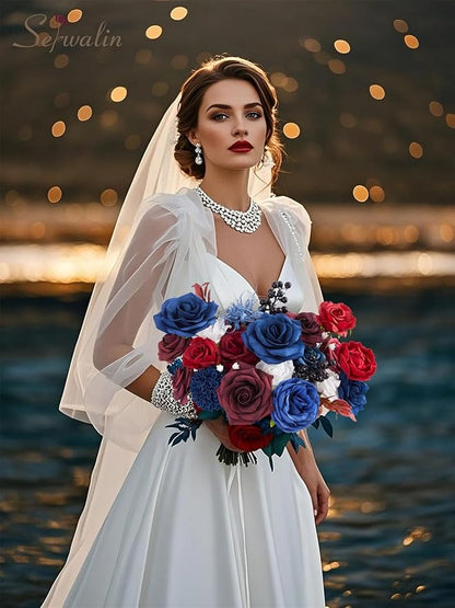 Serwalin Artificial Burgundy Flowers, Blue Fake Silk Flowers for DIY Wedding Bridal Bouquets, Cake Flowers for Table Centerpieces Baby Shower Birthday Party Home Decorations