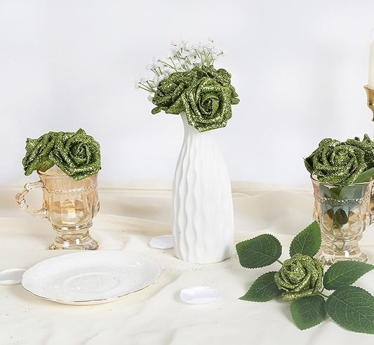 IPOPU Glitter Flowers, 25pcs Glitter Roses Green Foam Flowers Foam Roses with Stems for DIY Wedding Bridal Bouquet Home Party Decoration(Green)
