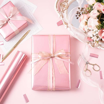 RUSPEPA Rose Gold Metallic Wrapping Paper, Mini Roll, Solid Color Paper Perfect for Wedding, Birthday, Valentine's Day, Baby Shower, Mother's Day, Bridal Shower, Anniversary, 17 Inches X 32.8 Feet