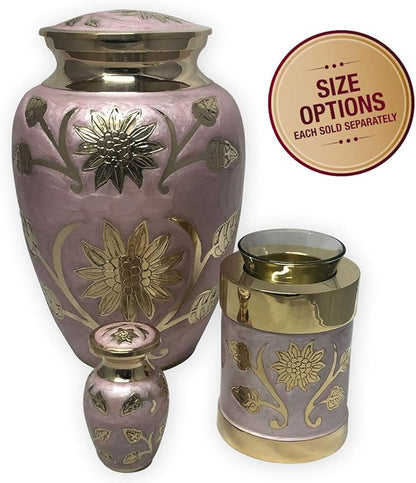 Pink Garden Brass Keepsake Cremation Urn | Unique Brass Funeral Urn with Gold & Pink Enamel Details | Keepsake