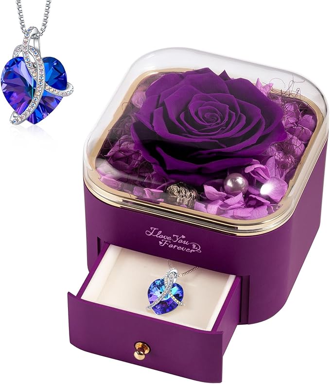 WILDLOVE Preserved Real Purple Rose with Heart Necklace, Forever Flowers Gifts for Mom Grandma Wife Girlfriend at Christmas, Valentines, Mothers Day, Anniversary or Birthday Gifts for Women