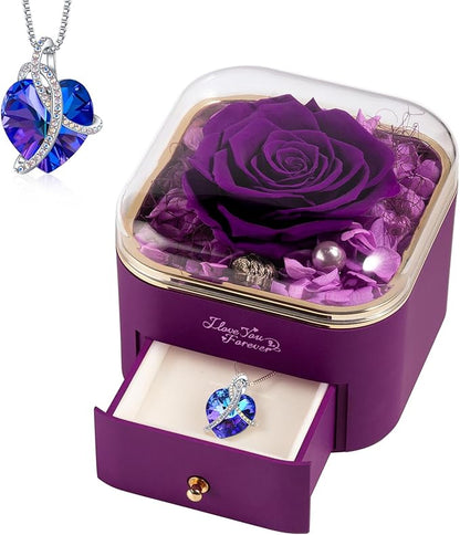 WILDLOVE Preserved Real Purple Rose with Heart Necklace, Forever Flowers Gifts for Mom Grandma Wife Girlfriend at Christmas, Valentines, Mothers Day, Anniversary or Birthday Gifts for Women