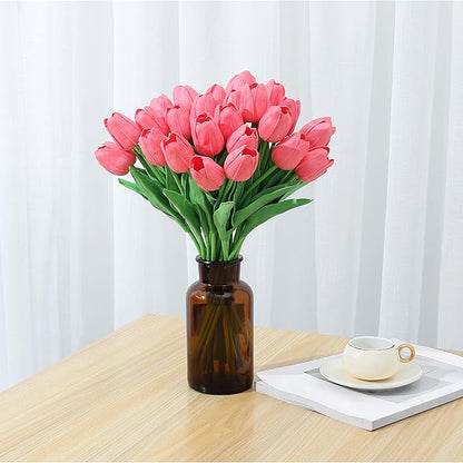 SITUMEIZI 15pcs Tulips Fake Pink Artificial Flowers Real Touch 14" Silk Flower for Home Decor Spring Easter Wedding Bouquet Decorations Valentine's Day Gifts(Fluorescent Pink)