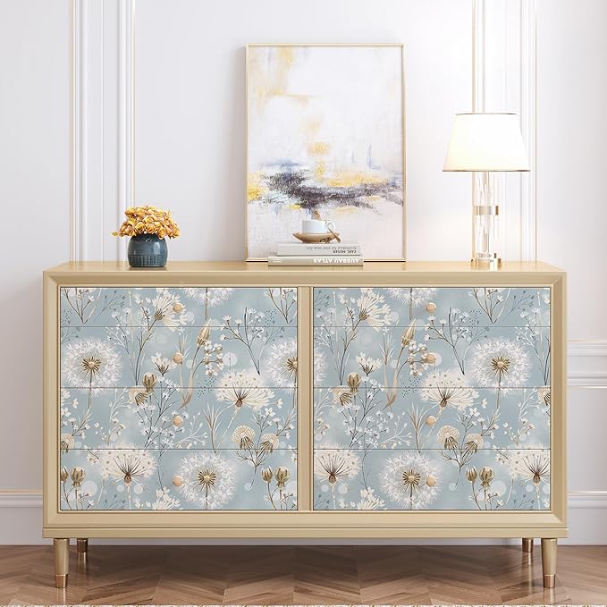 Dandelions and Wildflowers Peel and Stick Wallpaper Soft Gray and Blue Self Adhesive Removable Leaf Floral Contact Paper Nursery Bedroom Mural Wall Decorative 17.71"x118.1"
