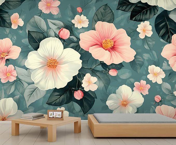 Vintage Hibiscus Flower Wall Mural, Romantic Floral 3D Wall Murals, Botanical Bloom Design Wallpaper Mural, for Living Room Bedroom Large Wallpaper Indoor Decor 169.3" W x118.2 H