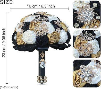 Handmade Satin Rose Floral Bling Pearl Decor Bridal Wedding Bouquet Rhinestone Pendant Artificial Brooch Flowers for Bride Bridesmaid Quinceanera