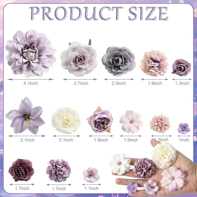 Fake Flower Heads Mini Artificial Flower Purple Faux Dahlia Rose Flowers for Crafts Cake Blossom Wreath Garland Bouquets for Wedding Bridal Party Baby Shower Graduation Season Home Decor