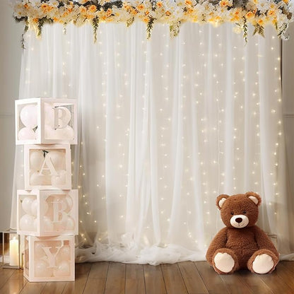 20x10ft White Tulle Backdrop Curtain with Lights String for Parites, Sheer Backdrop Curtains for Wedding Baby Shower Birthday Party Photo Shoot Decorations