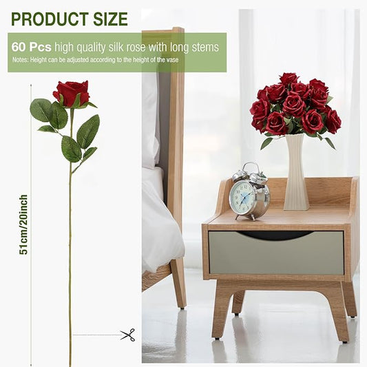 Jexine 60 PCS Artificial Roses Bulk Silk Flowers with Long Stems, Realistic Faux Rose Bouquet for Wedding Centerpieces, Valentine’s Party, Home Decor(Burgundy)