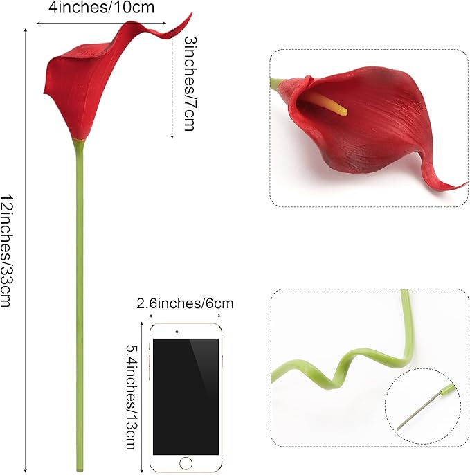 SITUMEIZI 24 PCS Burgundy Artificial Calla Lily Fake Flowers Silk Flower Real Touch for Home Kitchen Decor Wedding Bouquet Office Decoration