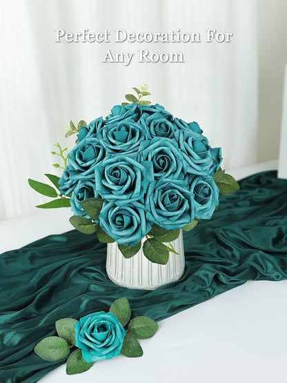MACTING Artificial Rose Flowers 30PCS Real Touch Fake Flowers with Stem Foam Roses for DIY Wedding Bouquets Table Centerpieces Floral Arrangements Party Home Spring Valentines Day Decor,Peacock Green