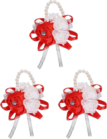 MECCANIXITY 3Pcs Wrist Corsage Artificial Flower Bracelets Rose Wrist Bride Groom Decorative for Wedding Ceremony Prom Party Anniversary Red