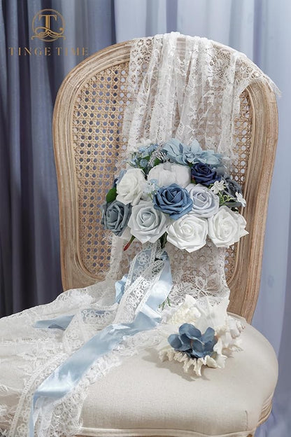 TINGE TIME Artificial Flowers Dusty Blue and White Flower Combo for DIY Wedding Bouquets Table Centerpieces Arrangements Party Baby Shower Home Decorations
