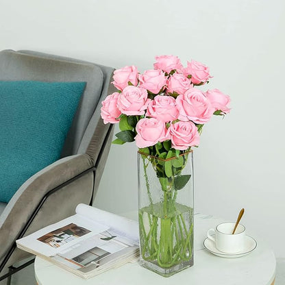 Hawesome FLORRALIA 12PCS Artificial Silk Flowers Realistic Roses Bouquet Long Stem for Home Wedding Decoration Party (12pcs-Pink) 1