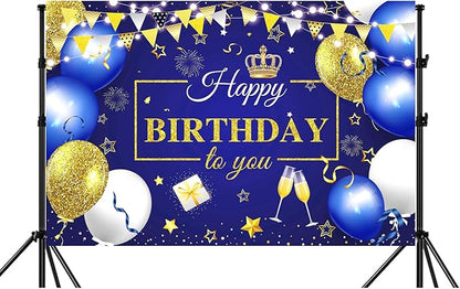 YinQin 180x120 cm Royal Navy Gold Happy Birthday Party Photography Backgrounds Backdrops Cloth 71x47 inch Glitter Navy Blue Golden Happy Birthday Sign Banners Decorations Supplies for Women Men
