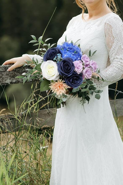 Artificial Rose Flower Artificial Flowers Flower with Long Stem Silk Roses Bouquet for Wedding Bridal Shower Party Home Decoration (Navy Blue, 12 Pcs)