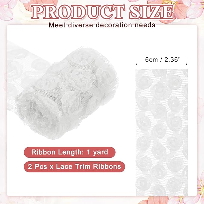 uxcell 2PCS Lace Trim Ribbon, 2.36 inch - 1 Yard 3D Rose Floral Embroidery Ribbons Edge Trimming for Sewing, Wedding Dress, DIY Crafts, Decoration Accessories, White