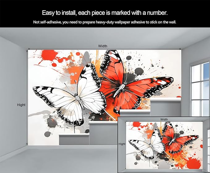 Modern Watercolor Butterfly Wall Mural, Abstract Butterfly 3D Wall Murals, Ink Painting Wallpaper Mural, for Living Room Bedroom Large Wallpaper Indoor Decor 137.8" W x100 H