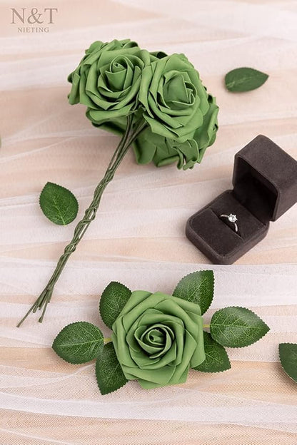 N&T NIETING Roses Artificial Flowers, 25pcs Artificial Flowers Foam Flowers with Stems for DIY Cake Decoration Wedding Party Home Decoration, Army Green