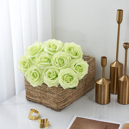 Artificial Rose 10pcs Open Flower Bouquet Faux Rose Stems for Wedding Arrangement, Bridal Bouquet, Centerpiece, Fake Faux Silk Flowers (Pale Green)