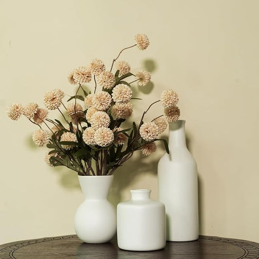 Ceramic Flower Vase Set of 3, Fake Flowers in Vase for Centerpieces with 8 Artificial Autumn Chrysanthemums Artificial Decorative Swags