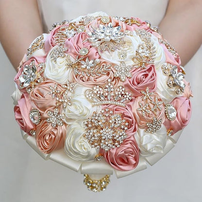 Handmade Satin Rose Floral Bling Pearl Decor Bridal Wedding Bouquet Rhinestone Pendant Artificial Brooch Flowers for Bride Bridesmaid Quinceanera