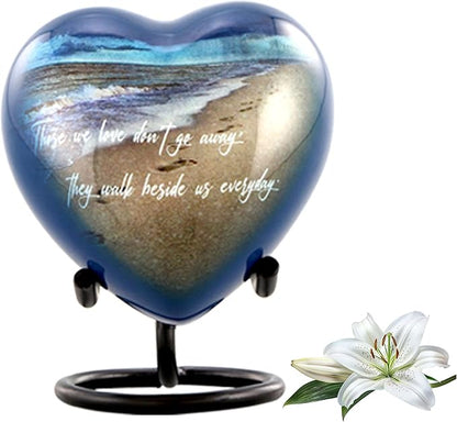 Footprints Heart Keepsake Urn - Footprints Mini Cremation Urn for Ashes - Miniature Beach Sharing Urns - Memorial Blue Beach Urn with Dispaly Stand, Premium Box & Velvet Bag (Heart Keepsake)