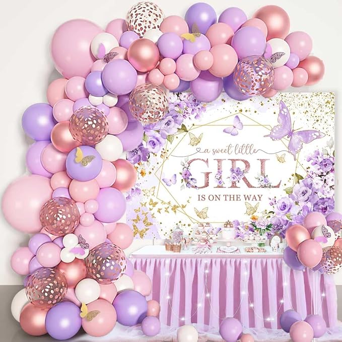 Sensfun Butterfly Baby Shower Backdrop A Sweet Little Girl is On The Way Photography Background Purple Butterfly Floral Princess Baby Shower Decorations Banner Party Supplies Photoshoot Props 10x7ft