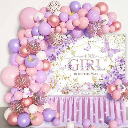 Sensfun Butterfly Baby Shower Backdrop A Sweet Little Girl is On The Way Photography Background Purple Butterfly Floral Princess Baby Shower Decorations Banner Party Supplies Photoshoot Props 8x6ft