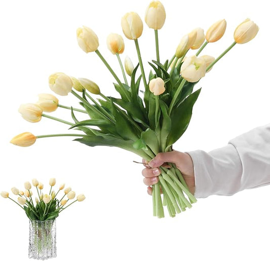 15PCS Artificial Tulips Real Touch Autumu White Faux Latex Flowers Lifelike Fake Tulip Bouquet Flowers Arrangements for Wedding Home Kitchen Garden Table Party Decoration