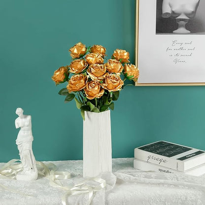 Hawesome 12PCS Artificial Silk Flowers Realistic Roses Bouquet Long Stem for Home Wedding Decoration Party (Gold-1)