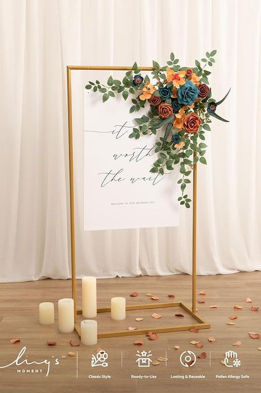 Ling's Moment Wedding Artificial Welcome Sign Flowers Swag Arch Floral Garland Decorations Teal Orange for Ceremony Reception Entrance Entryway Party Banquets Easel Wall Home Outdoor(NOT Include Sign)