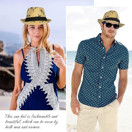 FADACHY Summer Straw Fedora Hat Short Brim Panama Sun Hat Trilby Beach Hat for Men & Women