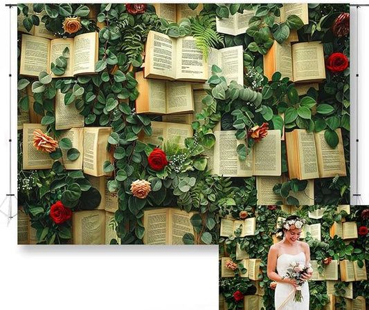 7x5FT Books Theme Photo Backdrop Books Red and Pink Rose Flowers Wall Floral Bridal Shower Backdrops Kids Birthday Girls Wedding Party Decoration Supplies Photo Booth Props KUBDJ976