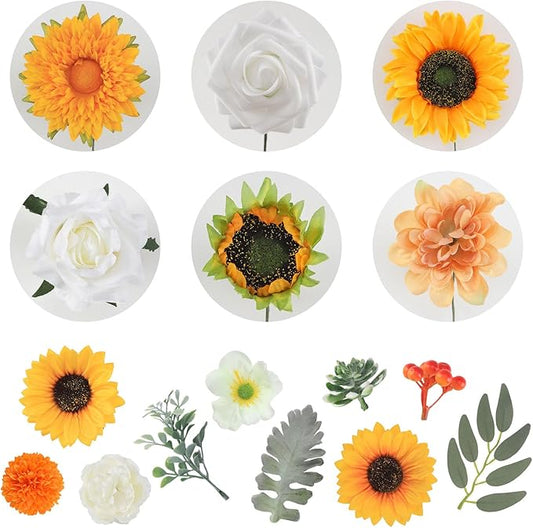 Senseya Artificial Flowers Combo Box for Decoration,Silk Mix Fake Flowers with Stems DIY Wedding Bouquets,Artificial Flowers Bulk Box Set Home Cake Decor