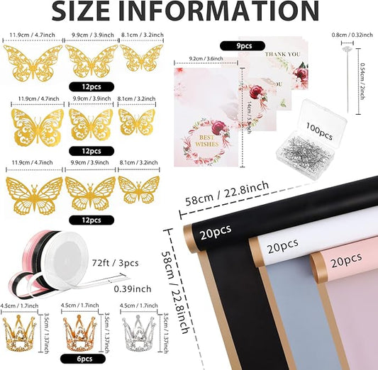 60 Sheet Flower Wrapping Paper-3 Colors Florist Bouquet Wrapping Paper for Wedding Birthday Gift, Flower Paper Wrap with 3 Rolls Ribbon,3D Butterflies, 3 Colors Crowns (Black, Rose Pink, White)