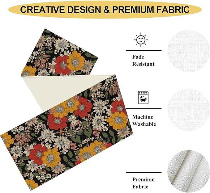 Boho Floral Table Runner, Colorful Vintage Flower Bohemian Floral Print Table Decor for Home Kitchen Dining Patio Holiday Party Indoor Outdoor Table Decorations 13x90 inch