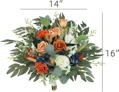 Rinlong Fall Wedding Bouquets for Bride Navy Blue Burnt Orange Bridal Bouquet for Wedding Terracotta Bouquets Boho Artificial Flowers