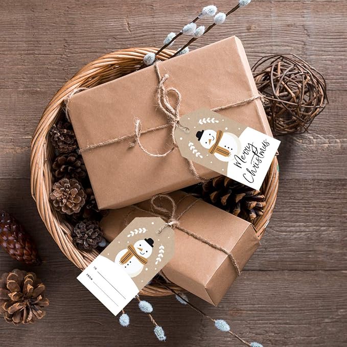 Andaz Press Christmas Holiday Season Classic Gift Tags, Merry Christmas to from Classic Favor Tags, Kraft Brown with Snowman with Scarf Design, for Holiday Events, Parties, and Favors, 60-Pack
