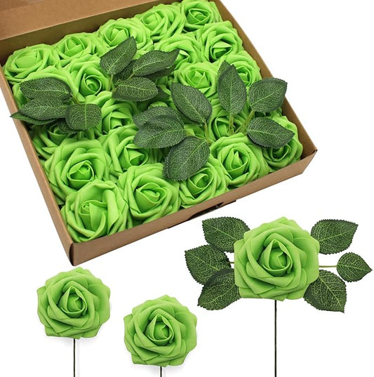 JOYLEX Artificial Flowers Realistic Roses, Real Looking Fake Roses with Stem for DIY Wedding Bouquets Centerpieces Bridal Shower Party Home Romantic Decorations (Green, Regular 3" - 200pcs)