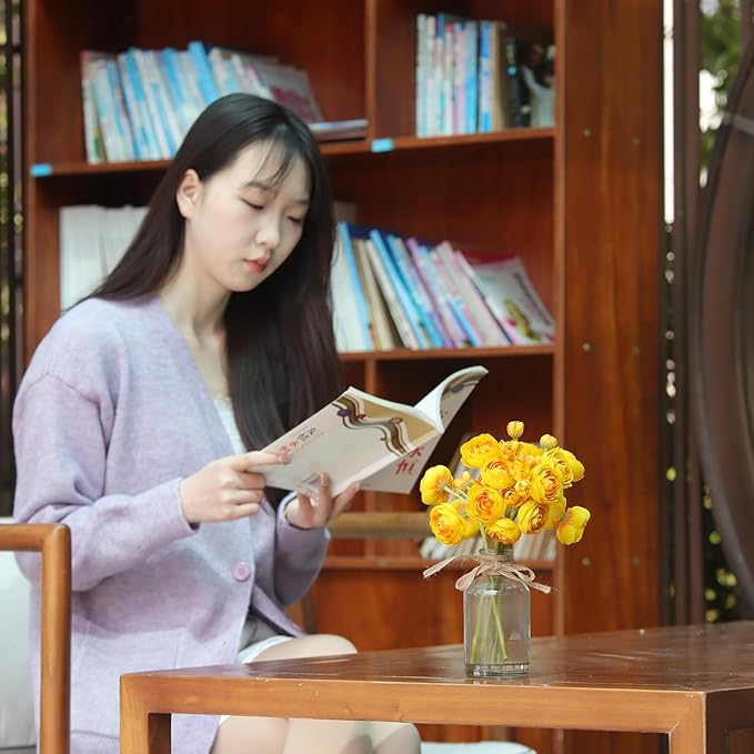 Ranunculus Artificial Flowers with Vase, 2 Pack - 8 Pcs Faux Silk Ranunculus Flower in Vase, Small Flowers Arrangements for Home Decor Indoor, Table Centerpiece. (Yellow)