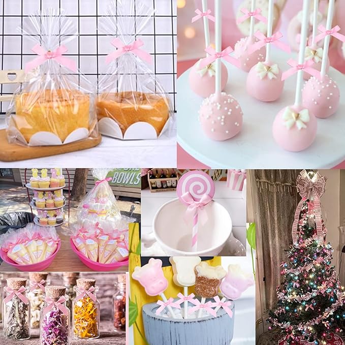 100 PCS 3 Inch Pink Twist Bows for Treat Bags, Satin Twist Tie Bows, Pre Tied Bows with Wire, Ribbon Bows with Twist Ties, Bow Ties for Gift Bags, Popcorn Bags, Cookie Bags, Party Favors