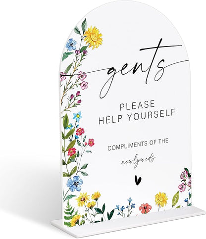 Acrylic Wedding Signs Gents Please Help Yourself Sign, Wedding Bathroom Basket Supplies, 6x8" Floral Themed Arch Acrylic Table Decor, Love Is In Bloom Decorations for Bridal Shower Baby Shower