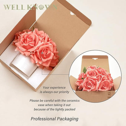 Artificial Rose Bouquet in Ceramic Vase, Silk Flower Arrangement in Pot, Real Touch Fake Flowers with White Vase for Wedding Home Centerpiece Coffee Table Bathroom Anniversary Decor & Gift (Coral)