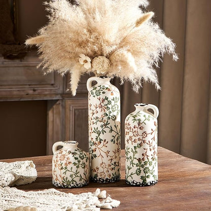 Ceramic Vase Set of 3, Vintage Green and Beige Vase, Chinoiserie Floral Vases, Rustic Farmhouse Ceramic Vases for Home Decor, Living Room, Kitchen Island, Bookshelf, Grand Millennial Decor