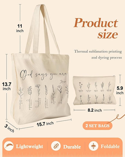 Aesthetic 2 Pack Canvas Tote Bag - with Makeup Zipper Pouch for Women Bag for Shopping, Gym, Travel, Vacation