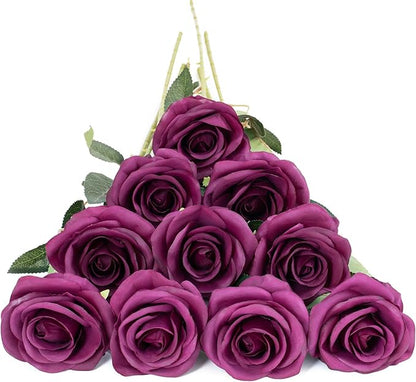 uHouse 10pcs Fake Roses Artificial Silk Flowers Faux Rose Flower Long Stems Bouquet for Arrangement Wedding Centerpiece Party Home Kitchen Decor(Plum)
