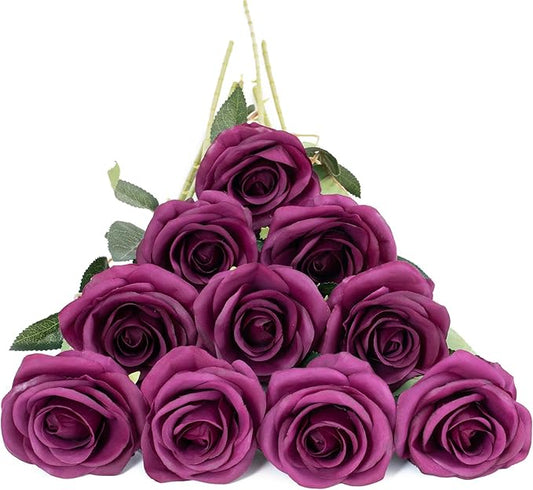 uHouse 10pcs Fake Roses Artificial Silk Flowers Faux Rose Flower Long Stems Bouquet for Arrangement Wedding Centerpiece Party Home Kitchen Decor(Plum)