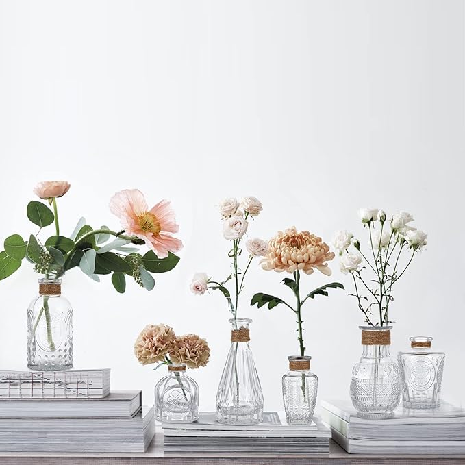 MDLUU Glass Bud Vases, Decorative Glass Bottles, Vintage Embossed Different Shapes for Wedding Centerpiece, Party, Home Decor, Set of 10 Clear